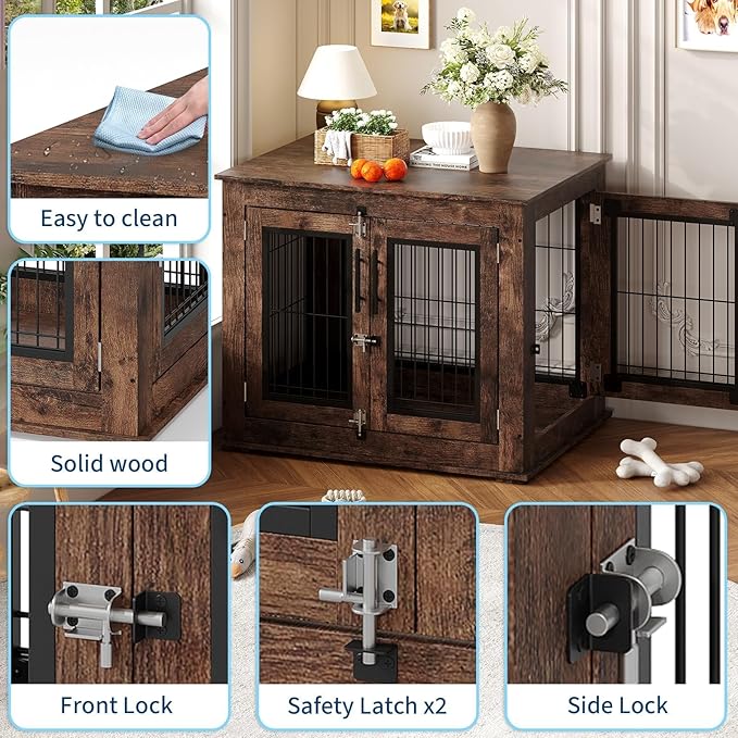 Double-Door Pet Crate Furniture, 31 Inch Indoor Dog House, Heavy Duty Wooden Kennel Side Table with Rustic Brown Finish, Chew-Resistant Dog Cage for Small Medium Dogs, Decorative End Table for Bedroom