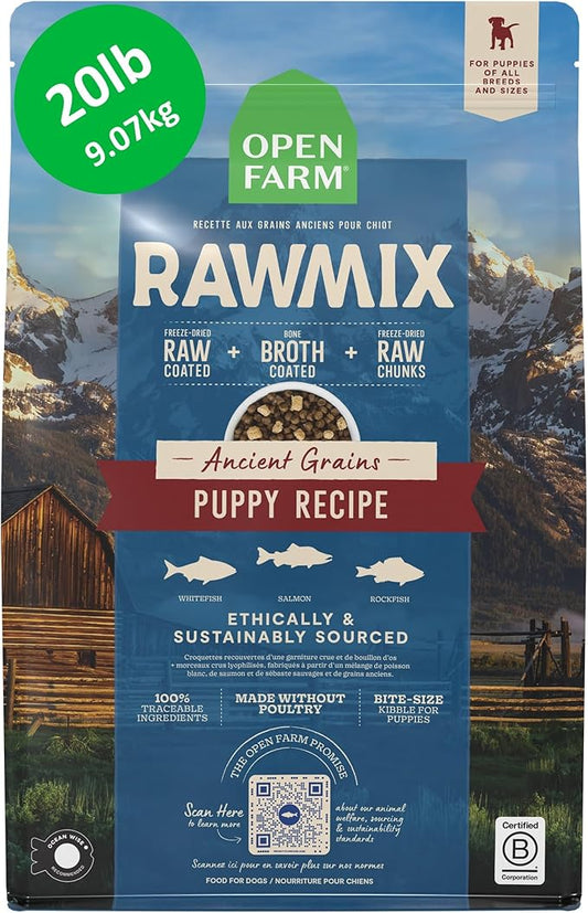 Open Farm, RawMix Ancient Grains Dry Puppy Food, Protein-Packed Kibble Coated in Bone Broth with Freeze Dried Raw Chunks, Wild Caught Fish, Puppy Recipe, 20lb Bag