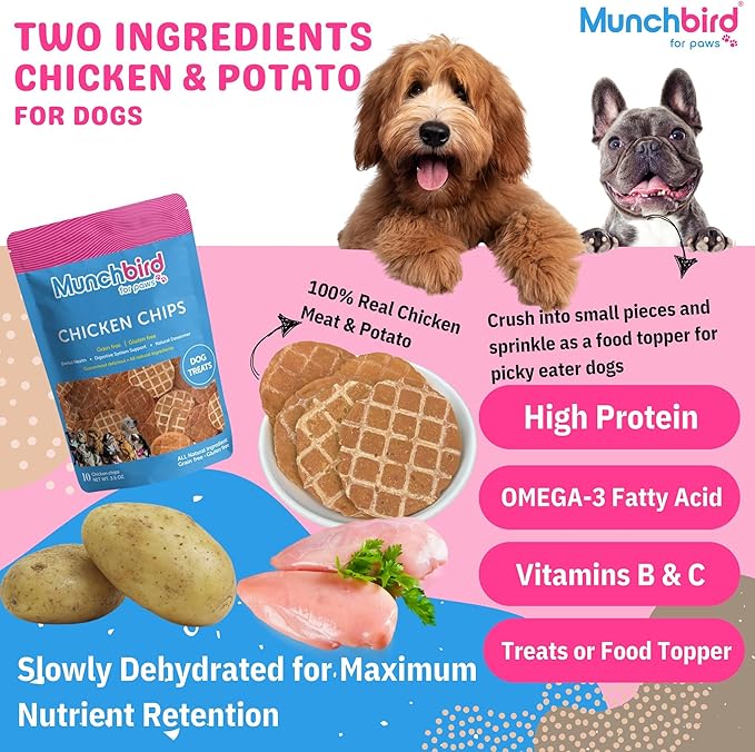 Munchbird Chicken Waffle Chips Dehydrated Lean Treats for Dogs (3.5 OZ, Crunchy Chicken Chips), Great for picky Eaters, Easy to Break up into Smaller Pieces as Food Topper or Training Treats