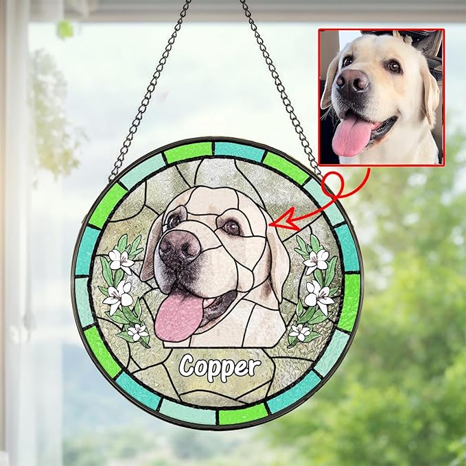 NAZENTI Personalized Dog Memorial Suncatcher, Sympathy Gift for Loss of Pet, Dog Remembrance Gift, Stained Glass Suncatcher, Custom Portrait Photo and Name, Pet Memorial Ornament Window Hanging 1
