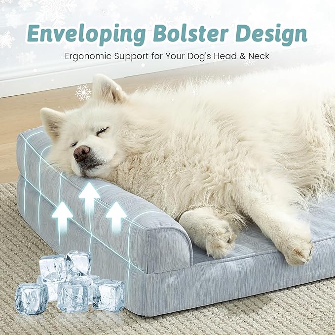Cooling Dog Bed, Orthopedic Foam Dog Bed with Sides, Removable Cover & Waterproof Lining and Nonskid Bottom, Comfortable Pet Beds for Dogs, Blue (42" L x 30" W x 7" Th)