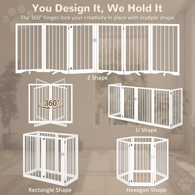 32” Extra Tall Freestanding Dog Gate, Foldable Gates for Dogs Indoor with Door, 6-Panel Dog Fence with Support Feet for Stability, Folding Dog Gates for Doorways Extra Wide No Drilling 106"x32"