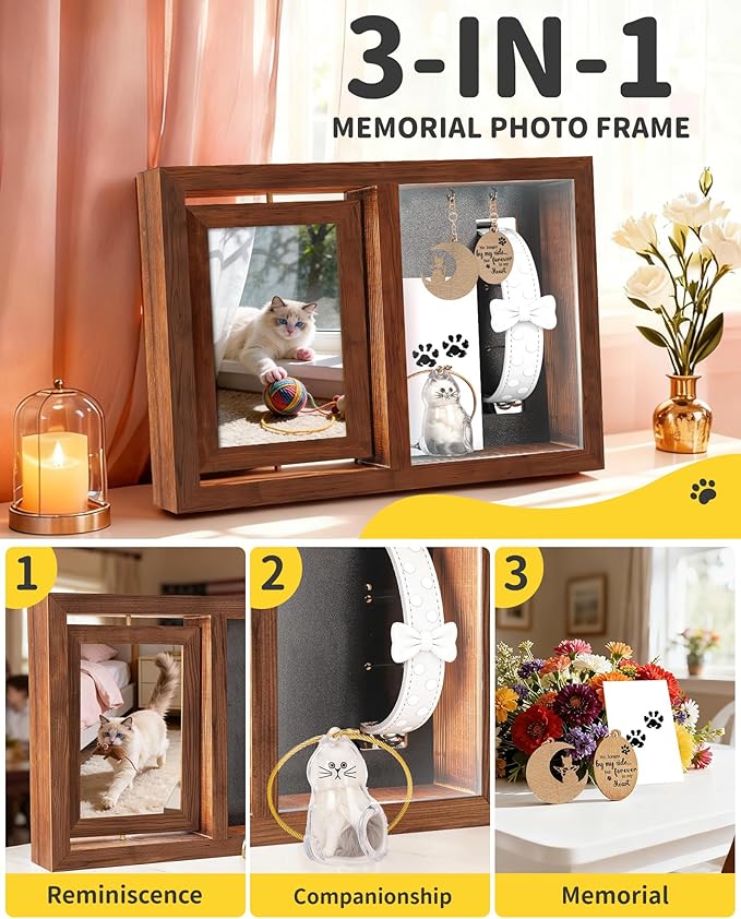 Dog & Cat 3-IN-1 Memorial Wooden Picture Frame Set, Lost Pet Sympathy Gifts with 360° Rotation Wooden Picture Frame for Two 4"x6" Photos, Pet Memory Gifts for Dog/Cat Passing