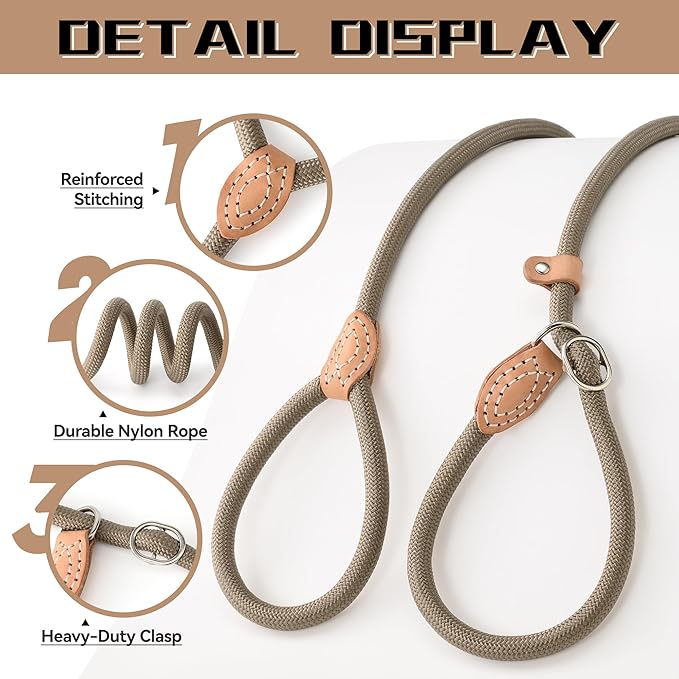 Mile High Life Slip Lead Dog Leash - 4FT, 5FT, 6FT Heavy Duty Rope Leash for No Pull Training, Durable Braided Dog Lead with Leather Stopper & Tip for Medium Large Dogs