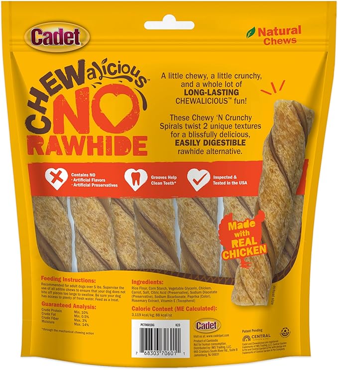 Cadet Chewalicious Chewy 'N Crunchy Spiral Dog Treats, Limited Ingredient, Rawhide-Free, Long-Lasting Chews for Dogs Made with Real Chicken, 8 Count, Pack of 1
