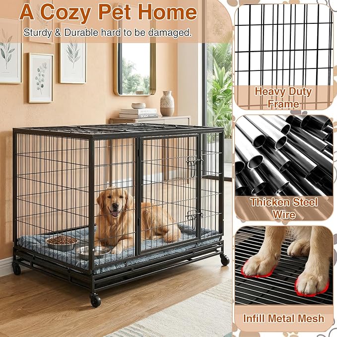 Dog Crate Cage for Large Dogs Heavy Duty 48/42/36Inches Dog Kennel Pet Playpen for Training Indoor Outdoor with Plastic Tray Double Doors & Locks Design (42")