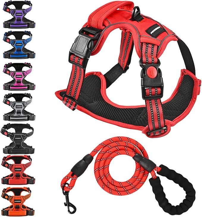 No Pull Dog Harness with A Free Heavy Duty 5ft Dog Leash, Adjustable Soft Padded Dog Vest, Reflective No-Choke Pet Oxford Vest with Easy Control Handle for Small and Large Dogs(Red, X-Large)