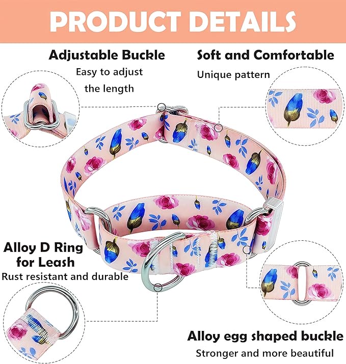 Martingale Dog Collar, Adjustable Soft No Pull Training Collar with No Buckle, Floral Pattern No Slip Martingale Collars for Medium Dogs (1" Width M)