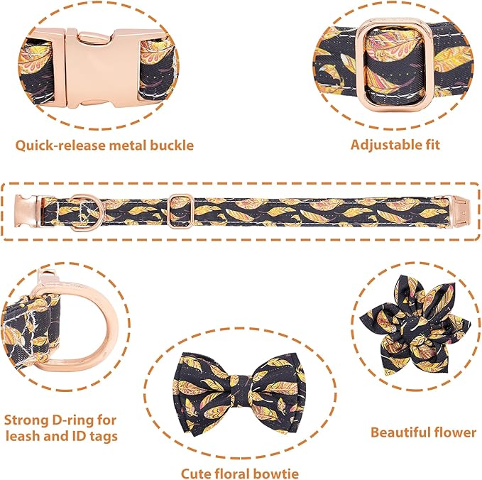 Dog Collar and Leash Set Adjustable Girls Puppy Floral Collars with Bow Tie for Small Medium Large Dogs(S, Feather)