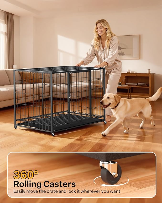 48 Inch Large Dog Crate, Escape Proof Dog Cage with Dual Door Lock and Swivel Casters,Removable Tray for Easy Cleaning, Dog Kennel Indoor Outdoor Use
