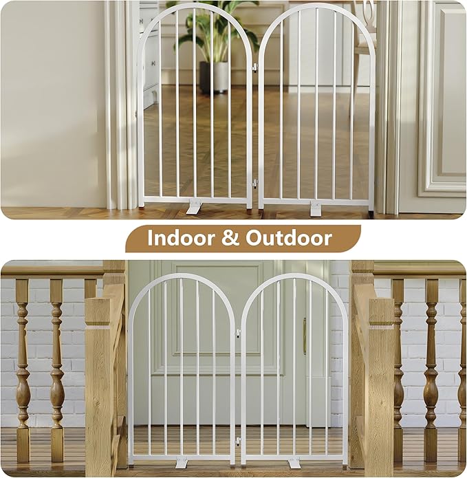 Full Metal Dog Gate for Indoor Outdoor, 32" Tall Free Standing Pet Dog Fence, 36" Wide Arched Pet Gates for Stairs, Hallways, Doorways, Kitchen, Decks, Yards (White, 2 Panels)