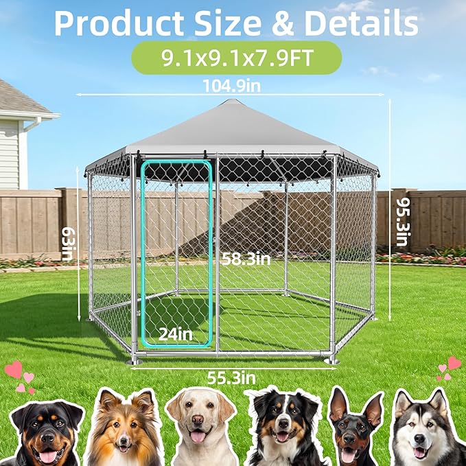9.1'x9.1' Large Outdoor Dog Kennel for Outside with Heavy-Duty Steel Frame, Waterproof UV-Resistant Cover, Secure Lock, and Sturdy Enclosure Fence