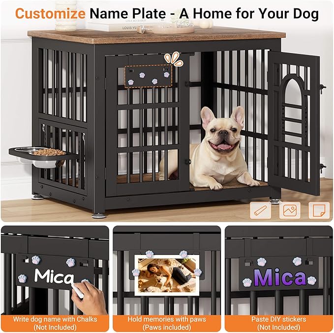 Dog Crate Furniture with Name Tag, Dog Kennel Indoor with 360° Rotating Feeder and Adjustable Heights Bowls, Wooden Decorative Pet Cage End Table for Small Dogs, Rustic Brown 31.5" L