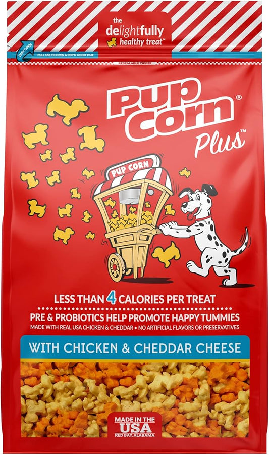 Pup Corn Plus - Puffed Dog Treats with Prebiotics and Probiotics - Chicken & Cheddar Cheese (24oz) - Made in USA