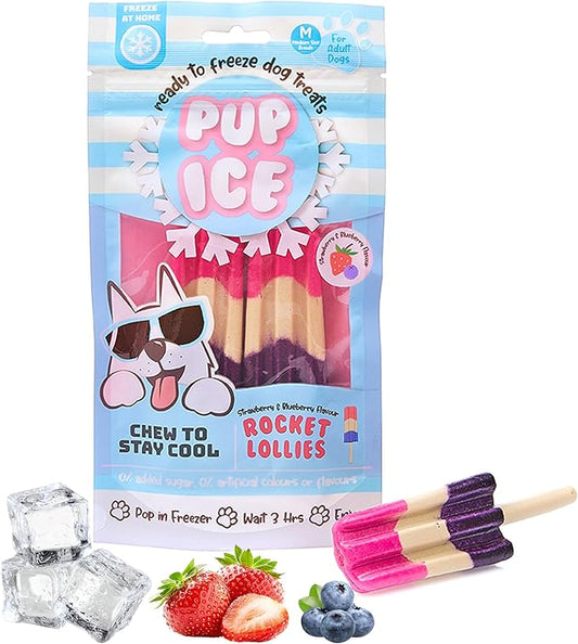 SPOT Pup Ice- Ready to Freeze at Home Dog Treats-Edible Chews for Medium Breed Dogs & Puppies with Real Chicken to Keep Your Pup Cool Year Round, Rocket Lollies Strawberry & Blueberry Flavor, 2pcs