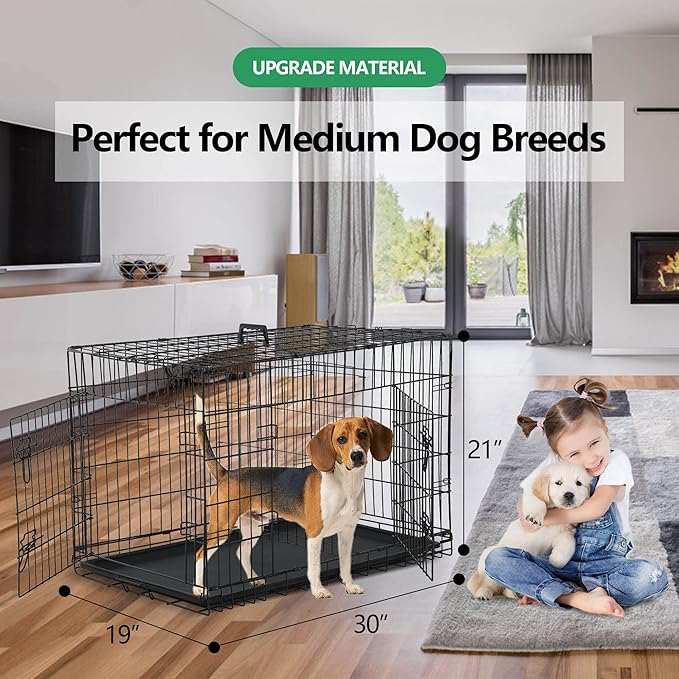 Small Dog Crate, 30 Inch, Collapsible, Foldable, Easy to Clean, Easy to Assemble, Safe and Secure Construction, Double Doors Design, Ideal for Travel, Multifunctional
