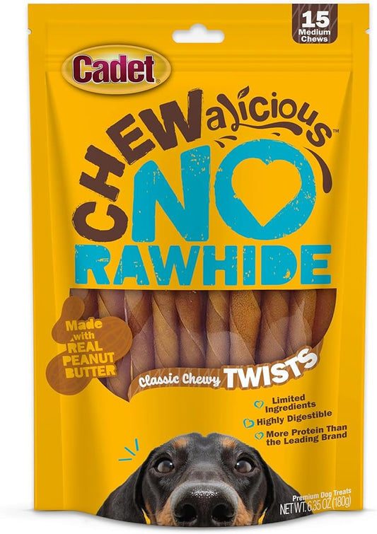 Cadet Chewalicious Classic Chewy Twists with Real Peanut Butter, Rawhide-Free Healthy Dog Chews, Limited-Ingredient & Long-Lasting Chew Treats for Dogs, Peanut Butter Flavor, 15 Count