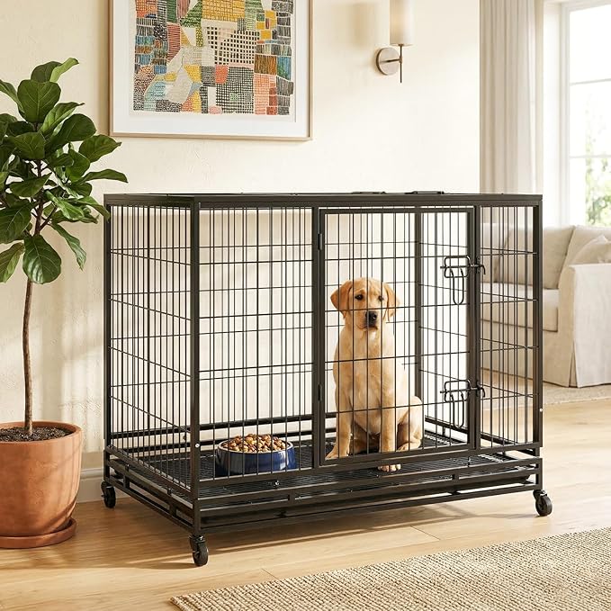 Dog Crate Cage for Large Dogs Heavy Duty 48/42/36Inches Dog Kennel Pet Playpen for Training Indoor Outdoor with Plastic Tray Double Doors & Locks Design (42")