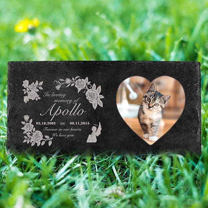 Fanery Sue Custom Cat Memorial Stones with Full Color Image, Dog Memorial Gift Garden Stones, Pet Grave Markers Personalized, All-Natural Memorial Headstone for Pet