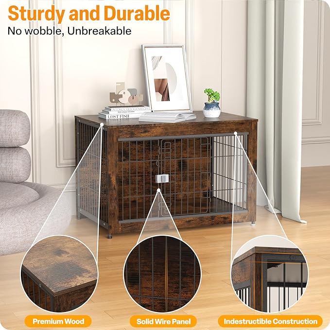 Furniture Style Dog Crate, 38" Wooden Dog Kennel End Table with Solid Top, Indoor Pet Crate House with Secure Slide Lock, Modern Dog Cage Furniture for Small & Medium Dogs, Aged Black