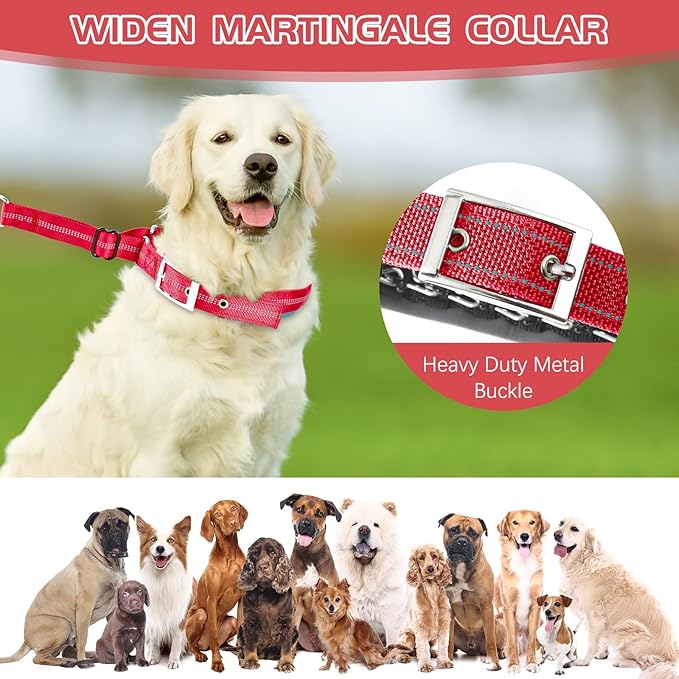 Reflective Martingale Collar for Dogs - Hidden Anti Pull Adjustable Training Collar Heavy Duty Buckle, Suitable for Small Medium Large Dogs on Walking & Hunting,Red,M