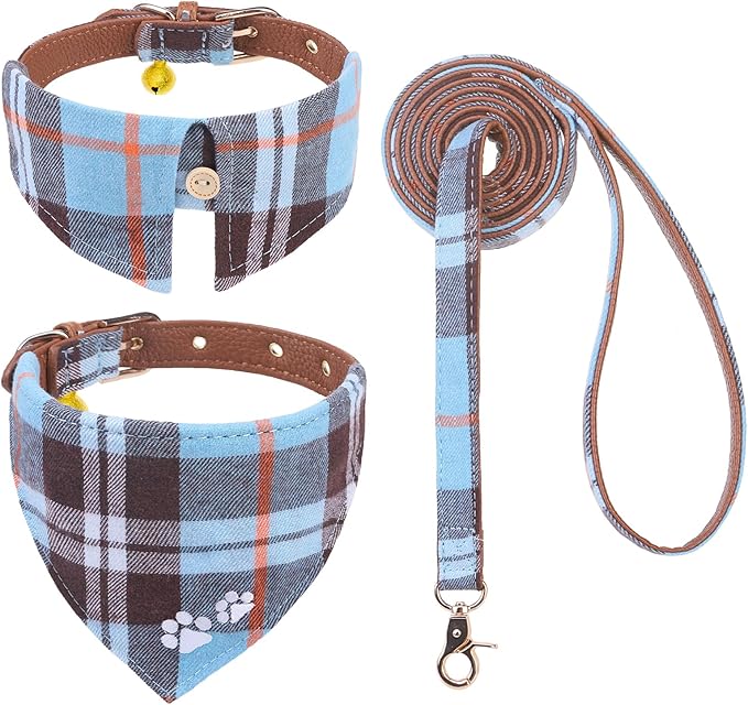 EXPAWLORER Dog Collar and Leash Set - Embroidery Pawprints Plaid Dog Leash and Collars, Cute Bandana and Detachable Collar, Suitable for Small Medium Dogs Girl Boy, SkyBlue S-M