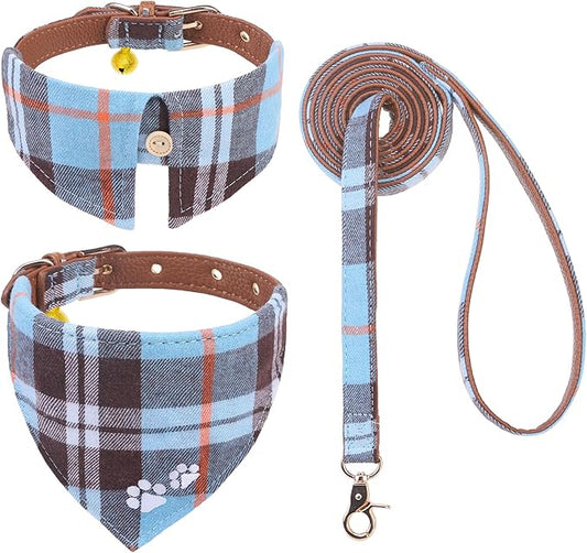 EXPAWLORER Dog Collar and Leash Set - Embroidery Pawprints Plaid Dog Leash and Collars, Cute Bandana and Detachable Collar, Suitable for Small Medium Dogs Girl Boy, SkyBlue S-M