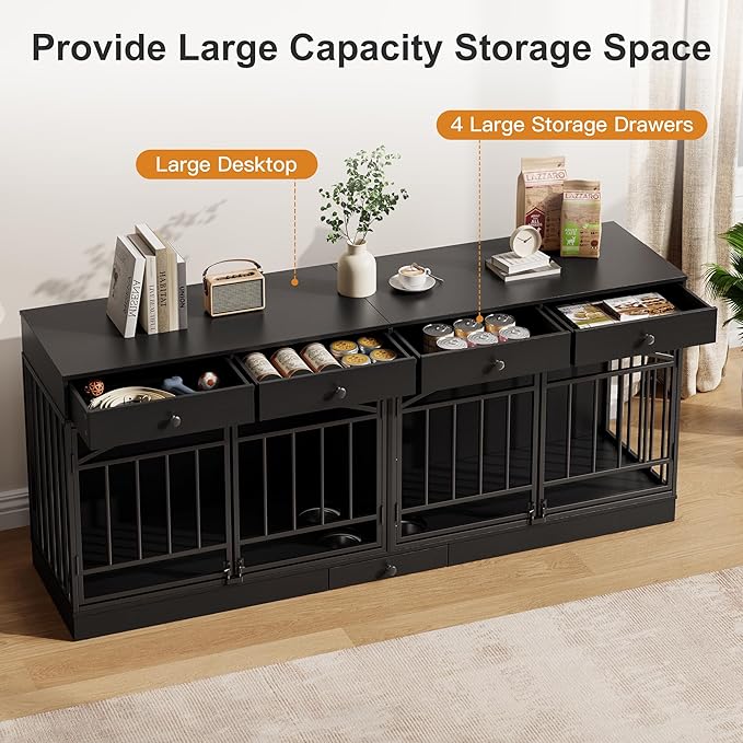 IDEALHOUSE 78.7" Double Dog Crate Furniture with Storage and 4 Doors, Dog Kennel Indoor with Feeding Bowls, Wood Dog Crate TV Stand for Small Medium Dogs, Black