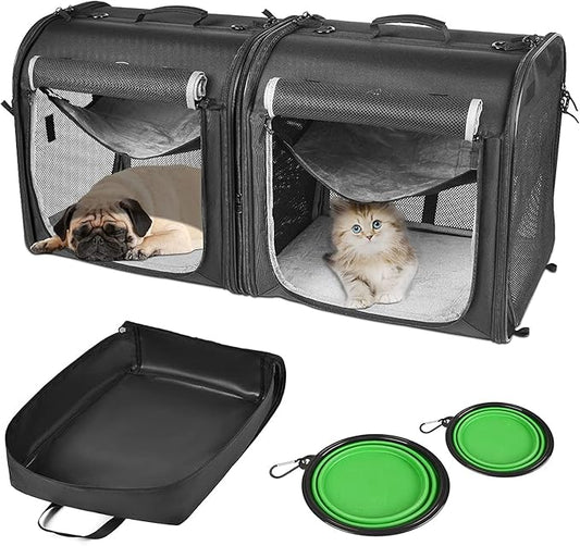 Large cat Carrier Soft-Sided Portable Pet 2 Cats Travel Double Dog Crate Set with Portable Carry Bag/Hammocks/Mats/Tent Stakes/2 Pcs Pet Bowls for Outdoor Camping