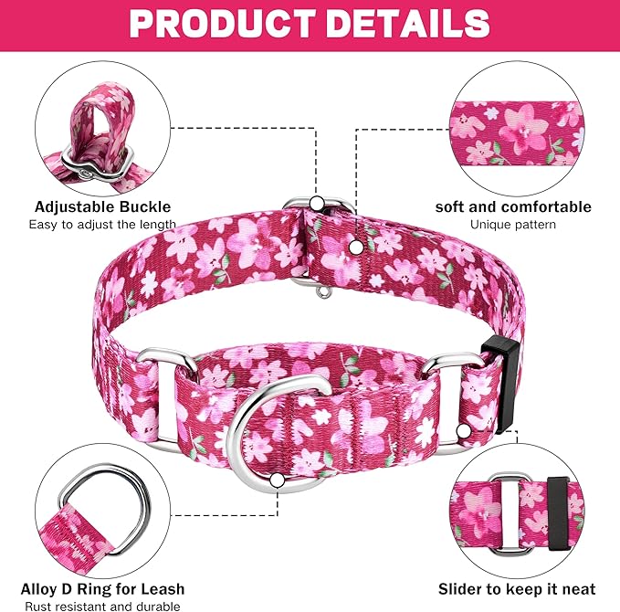 Hikiko Martingale Collar for Dogs with No Buckle Floral Designer Female Dog Collars Nylon No Pull Dog Collar for Large Dogs,Japanese Pink,L