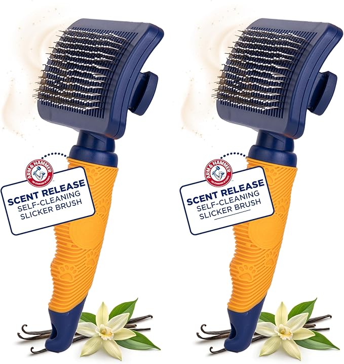 Arm & Hammer Deodorizing Slicker Brush for Dogs with Fragrance Transfer Technology – Scented Self-cleaning Dog Brush - Dog Grooming Brush for Shedding, Sweet Lily & Vanilla Scent - 2 Pack