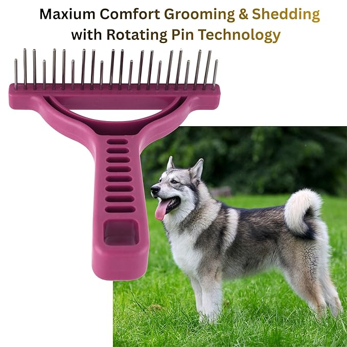 The Untangler Rakes for Grooming and Shedding - silky smooth rotating teeth to easily collect loose hair (Purple, Shedding)