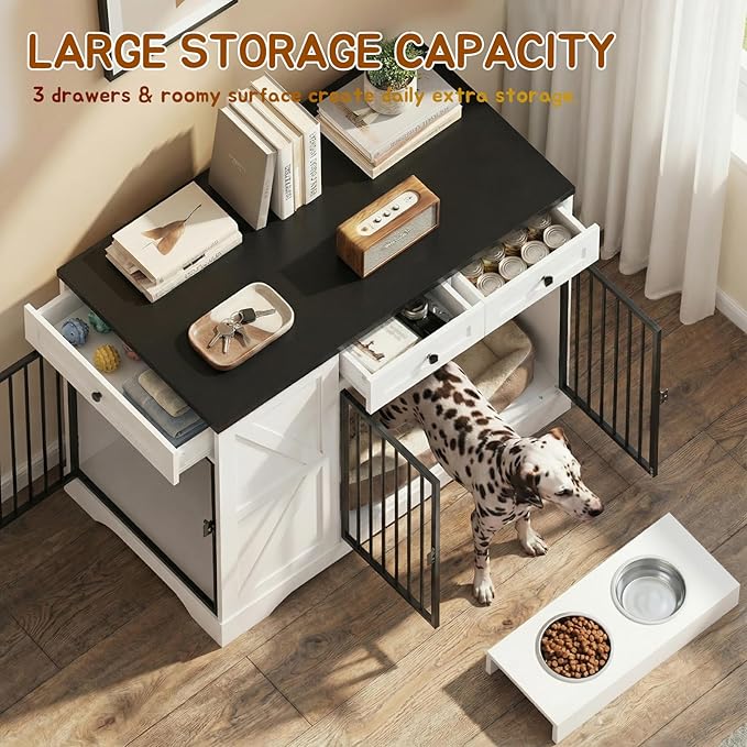 Dog Crate Furniture for Medium Large Dogs, Double-Door Kennel with Removable Bowls, Indoor Wooden Storage Drawers Heavy Duty Dog House Cage