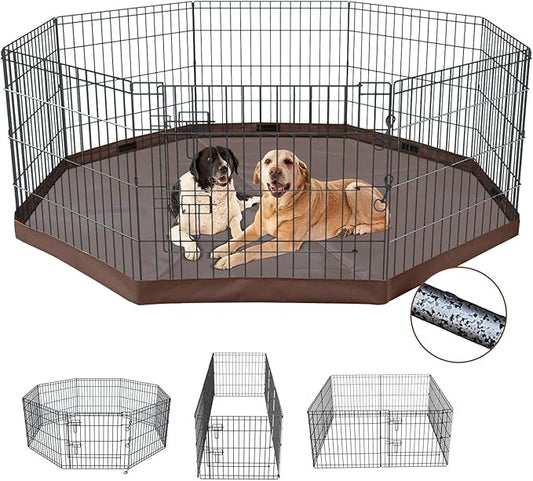 NEZUC Foldable Metal Dog Exercise Playpen Gate Fence Dog Crate 8 Panels 24 Inch Height Puppy Kennels with Top Cover/Bottom Pad for Animals Outdoor Indoor (Playpen+Bottom Pad, Brown, 24" H)