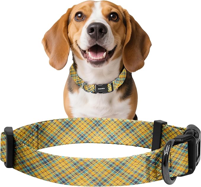 Kazazoo Dog Collar Cute and Soft Nylon Puppy Collar for Boy and Girl, Adjustable Dog Collars for Small Medium Dogs, Yellow&Blue Plaid-M