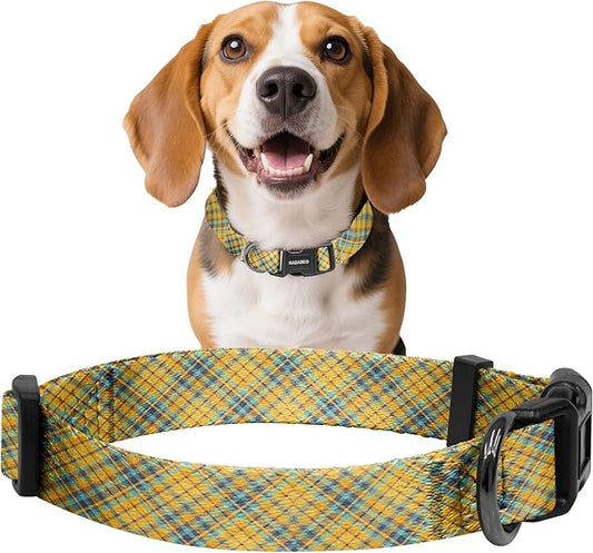 Kazazoo Dog Collar Cute and Soft Nylon Puppy Collar for Boy and Girl, Adjustable Dog Collars for Small Medium Dogs, Yellow&Blue Plaid-M