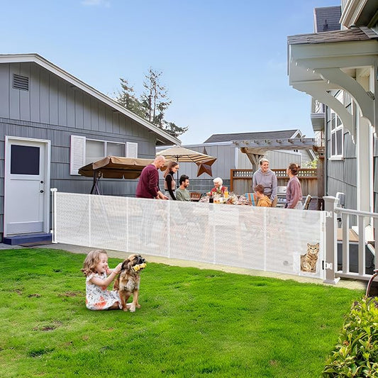 Reinforced 150” Extra Wide Pet Gate with Door 33 Inch Tall Retractable Dog Gates for Doorways Extra Wide Baby Gates for Large Openings with Reinforced Strips 12.5ft Large Dog Gate with Cat Door, White