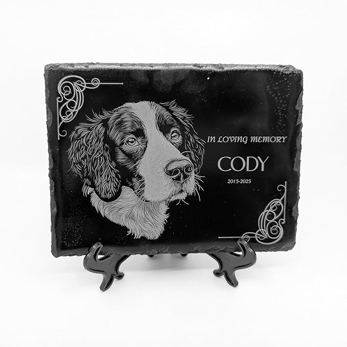 lemuria 8x6” Pet Memorial Stone – Personalized Black Slate Grave Marker – Custom Engraved Dog or Cat Headstone for Indoor or Outdoor Use (8x6 inches)