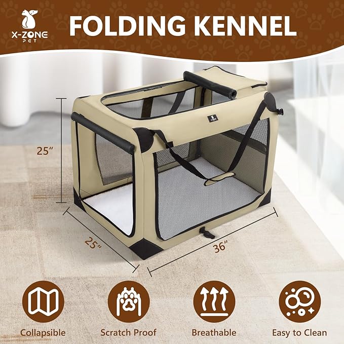 X-ZONE PET Dog Crate 3-Door Kennel, Collapsible Portable Soft Sided Pet Carriers for Indoor & Outdoor, Multiple (36-Inch, Rice White)