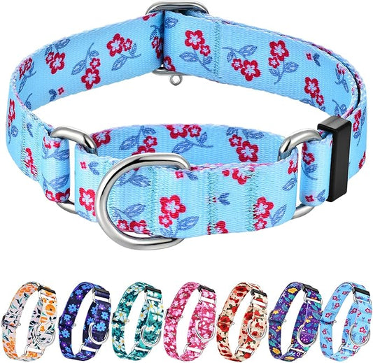 Hikiko Martingale Dog Collar with No Buckle Cute Girl Flower Dog Collars Comfortable Nylon Choke Collar for Medium Dogs,Light Blue Flower,M