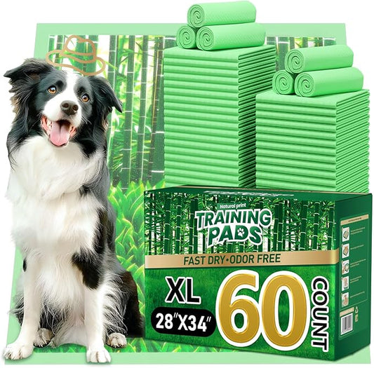 Puppy Pads XL 60 Count - 28"x34" Extra Large Pee Pads for Dogs Odor Blocking, Leak-Proof Potty Training Pad Super Absorbent, 6-Layer Leak-Bamboo Patterns Dog Pads