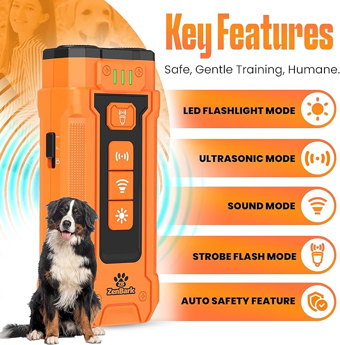 Bark Deterrent Training Device for Dogs -Multiple Training Modes,Safe Anti-Barking Trainer, Correct Behavior, Rechargeable Ultrasonic Handheld Deterrent for Small & Large Dogs by Zenbark