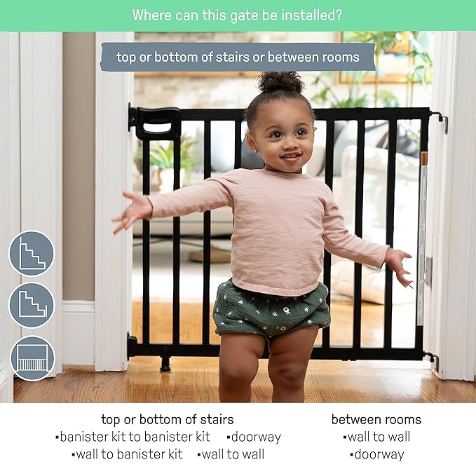 Summer Infant Deluxe Stairway Simple to Secure Safety Pet and Baby Gate,30'-48' Wide, 32' Tall, Install on Wall or Banister in Doorway or Stairway,Hardware Mount, Auto Close Walk-Thru Door-Black Wood
