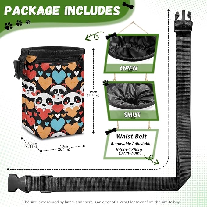 Panda Hearts Animal Walking Snack Container Dog Treat Bag Drawstring Closure Pouch Training Treat Bag for Pet Food Toy, Pet Feed Snack Reward Pocket with Waistband