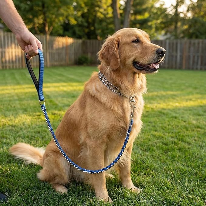 Chew Proof Metal Dog Leash with Built-in P-Chain Collar - 2FT/4FT for Small/Medium/Large Dogs (30-150lb), Anti-Bite Chain Link with Soft Padded Handle, 360° Rotating Clasp Blue