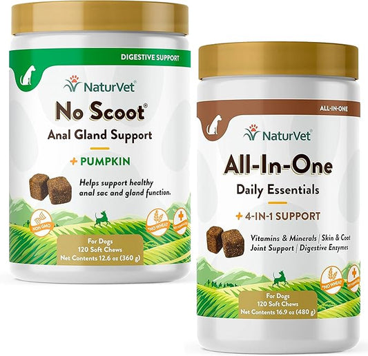 NaturVet All-in-One Dog Supplement - for Joint Support, Digestion, Skin, Coat Care – 120 Soft Chews & No Scoot for Dogs - 120 Soft Chews - Supports Healthy Anal Gland & Bowel Function