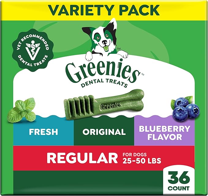 Greenies Veterinarian-Recommended Natural Dental Dog Treats, Dental Chews For Dogs, Regular Size, Variety Pack Flavor, (3) 12 oz. Packs, 36 Count