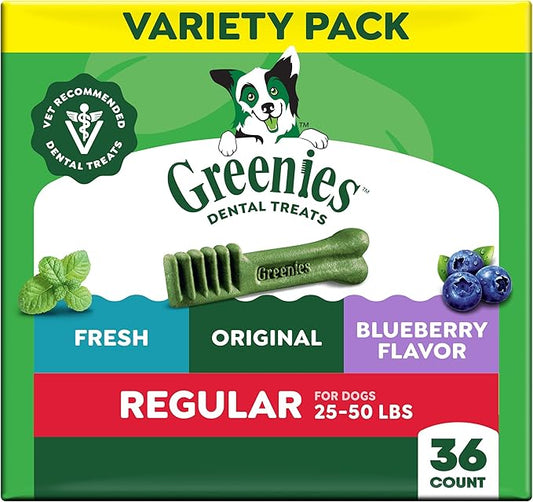 Greenies Veterinarian-Recommended Natural Dental Dog Treats, Dental Chews For Dogs, Regular Size, Variety Pack Flavor, (3) 12 oz. Packs, 36 Count