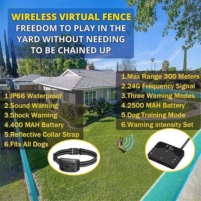 Wireless Dog Fence Dog Training Collar 2 in 1, Electric Pets Boundary Containment System, Adjustable Range Control, Waterproof Receiver, Vibration & Shock, Suitable for All Stubborn Dogs,for3dogs
