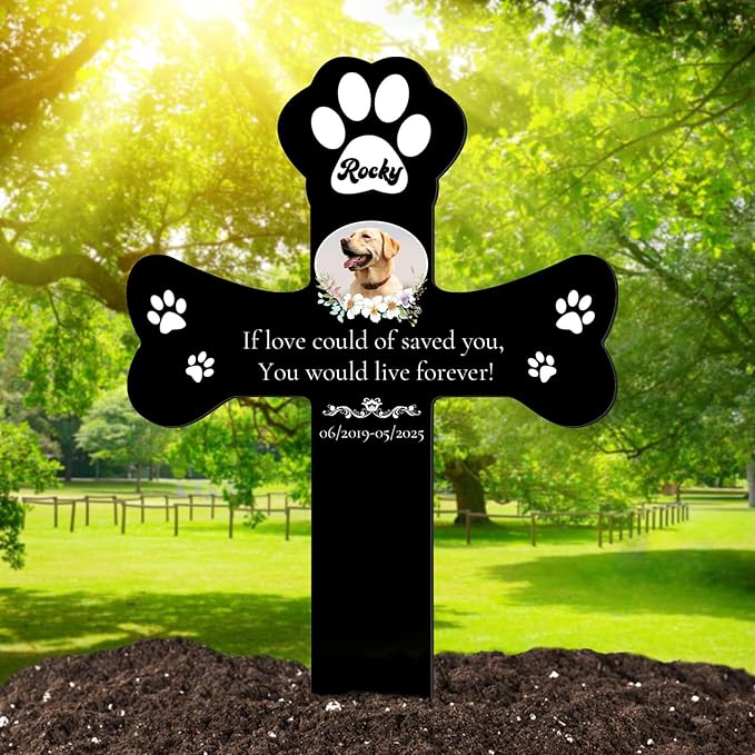 Custom Pet Grave Markers Dog Outdoor, Personalized Pet Cross Grave Marker with Name and Date, Weatherproof Dog Headstone for Graves Outdoor Garden Yard, Pet Tombstones Sympathy Gift for Pet Loss